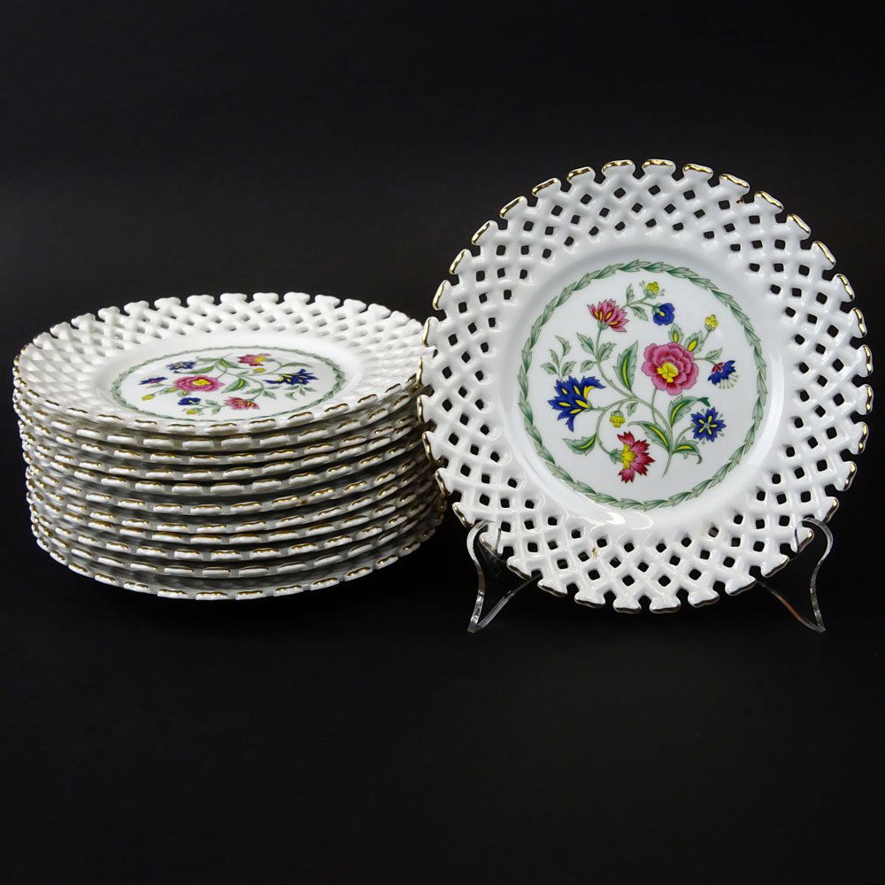 Set of 12 Reticulated Porcelain Dessert Plates. Signed: (1 of 4)