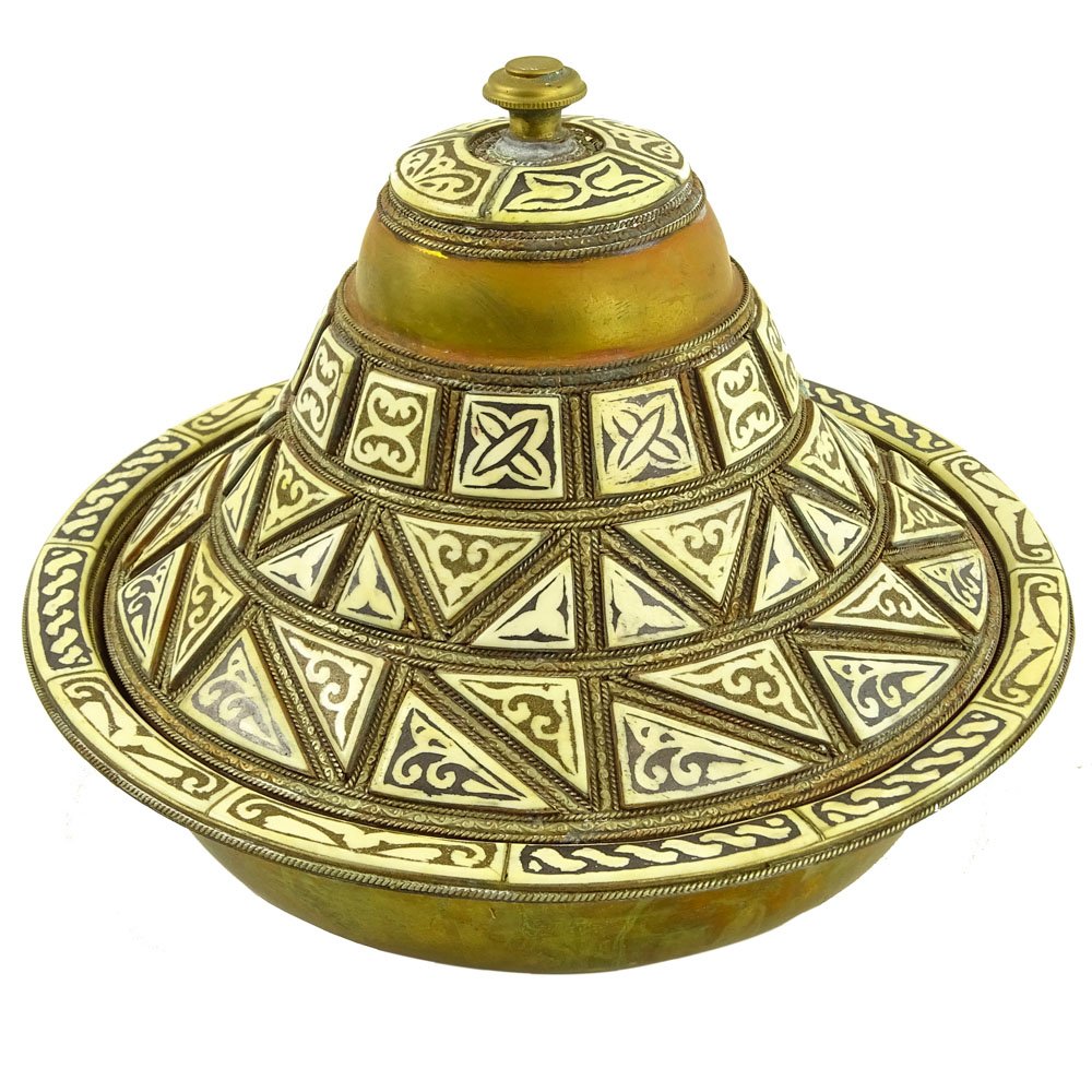Vintage Moroccan Brass and Inlaid Bone Tagine.: Vintage Moroccan Brass and Inlaid Bone Tagine. Unsigned. Wear, rubbing. Measures 7-1/4" H x 10-1/2" dia. Shipping $65.00