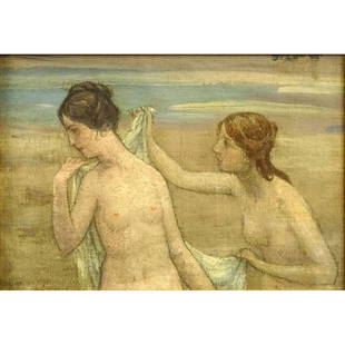 attributed to: Pierre Puvis de Chavannes, French: attributed to: Pierre Puvis de Chavannes, French (1824-1898) oil canvas "Les Baigneurs" Indistinctly signed upper right. Good condition. Measures 8" x 11-1/4", frame measures 14" x 17". Shipping