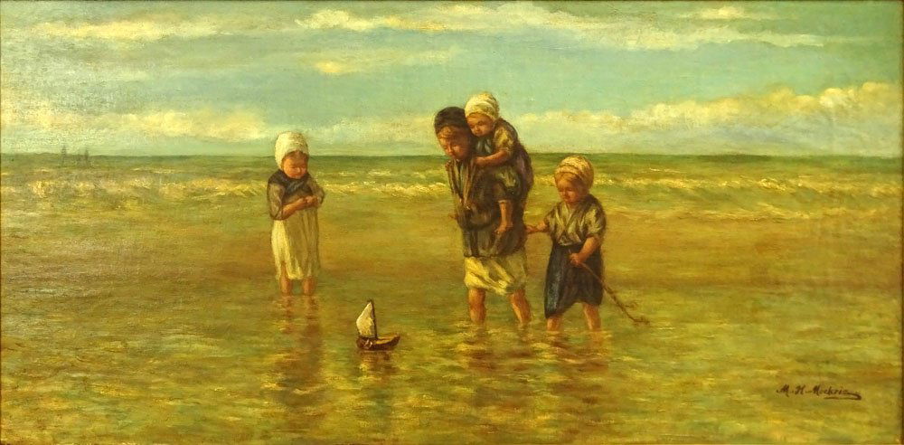 19/20th Century Oil Canvas, Wading Children with Toy (1 of 4)