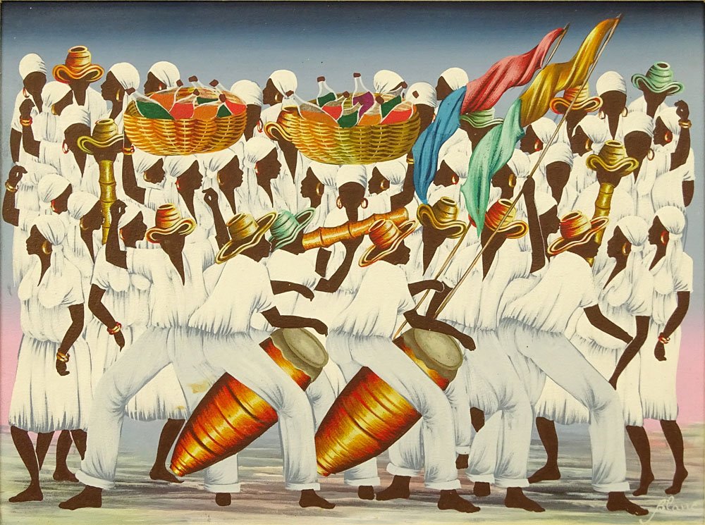 Jean-Claude Blanc, Haitian (20th-21st cent) Acrylic on: Jean-Claude Blanc, Haitian (20th-21st cent) Acrylic on Canvas, Musical Procession. Signed lower right. Good condition. Measures 12" H, 16" W; frame measures 14-1/4" H, 18-1/4" W. Domestic Shipping $76