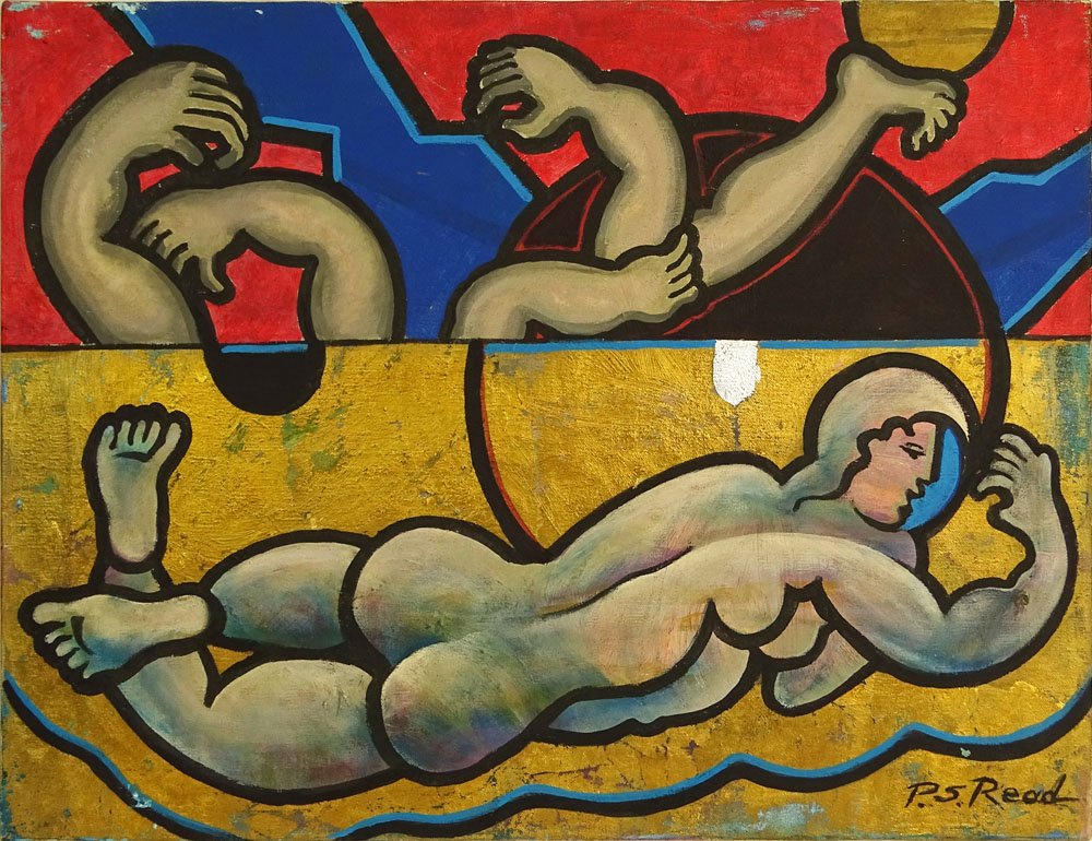 Philip Standish Read, American (1927-2000) Oil and Gold: Philip Standish Read, American (1927-2000) Oil and Gold Leaf on Canvas "Reclining Nude" Signed Lower Right PS Read. Good condition. Measures 18" x 24". Domestic Shipping $75.00