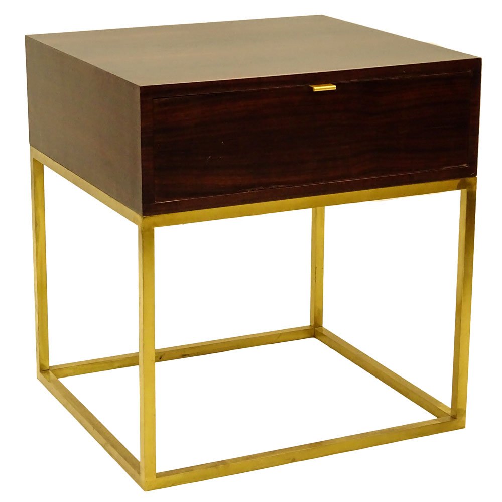 Todd Hase, American 21st Century "Duval" Macassar Ebony: Todd Hase, American 21st Century "Duval" Macassar Ebony and Brass Side Table with Drawer (prototype). Unsigned, paper label attached. Surface rubbing and scratches. Measures 26" H, 24" sq. Domestic Sh