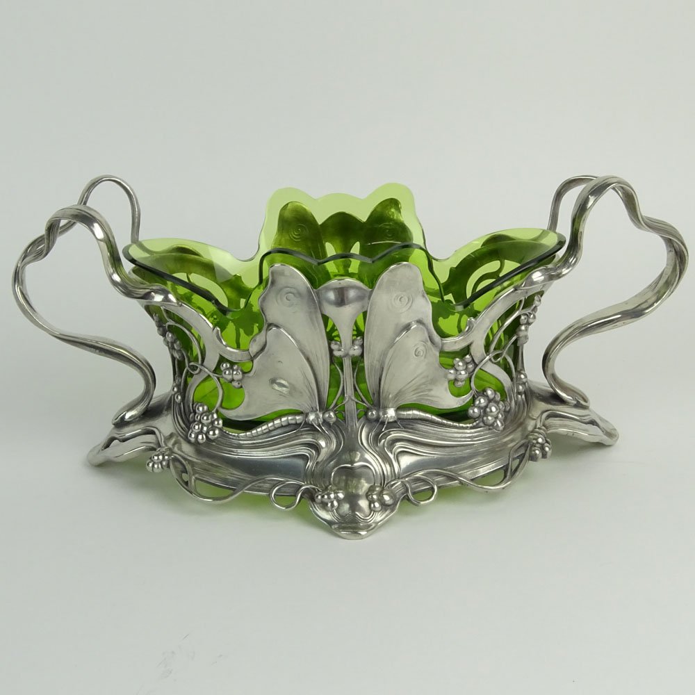 Art Nouveau WMFB Silver Plate and Glass Centerpiece.: Art Nouveau WMFB Silver Plate and Glass Centerpiece. Signed WMFB. Good condition. Measures 5" H x 12-1/2" L. Domestic Shipping $55.00