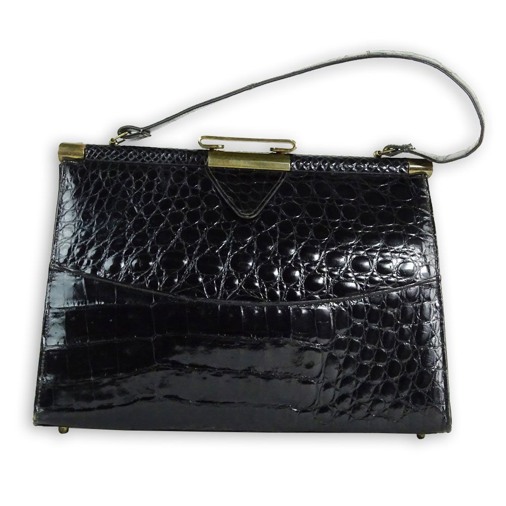 Vintage Alligator Handbag. Rich black color. Leather (1 of 6)