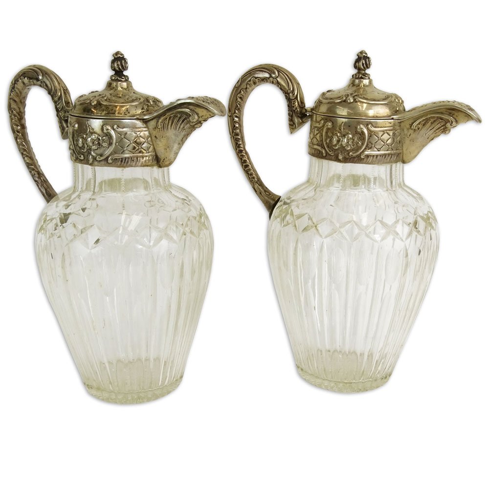 Pair of Victorian Silver Mounted Etched Crystal Ewers. (1 of 5)