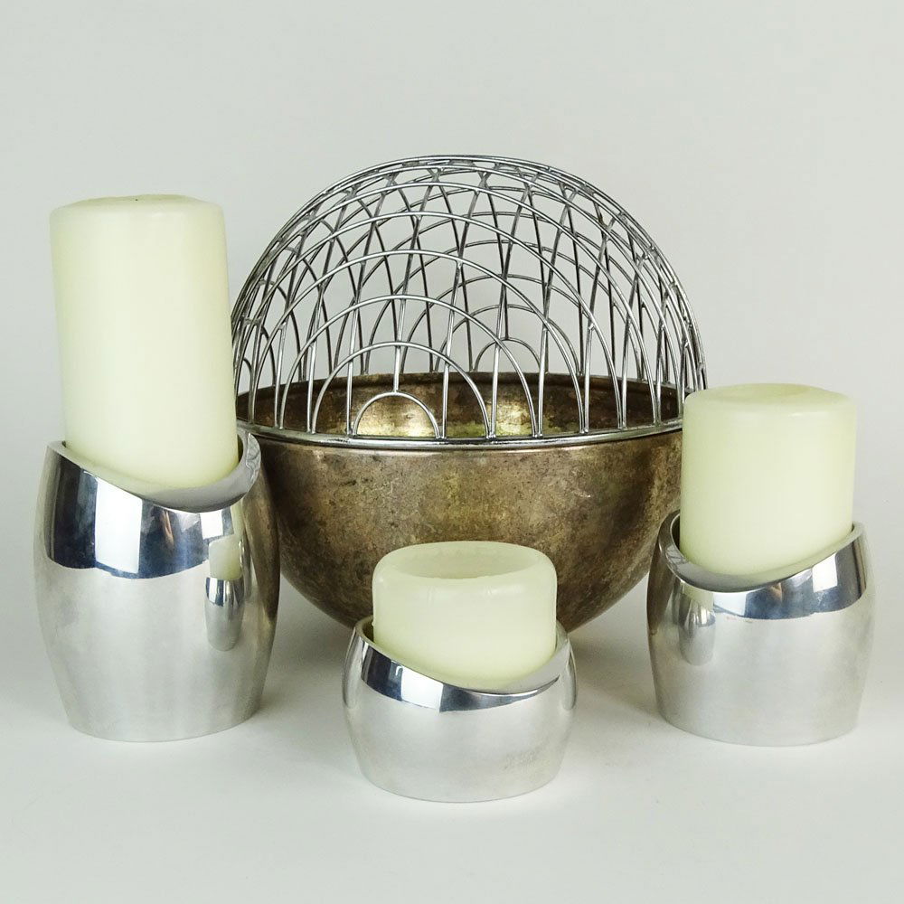 Vintage Nambe 3 piece chrome candle holder set. Signed. (1 of 6)