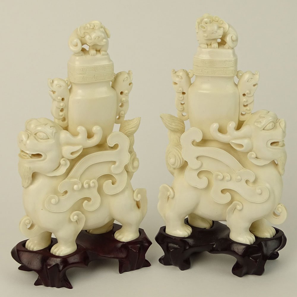 Pair of Vintage well carved Ivory Foo Lion Urns on (1 of 8)