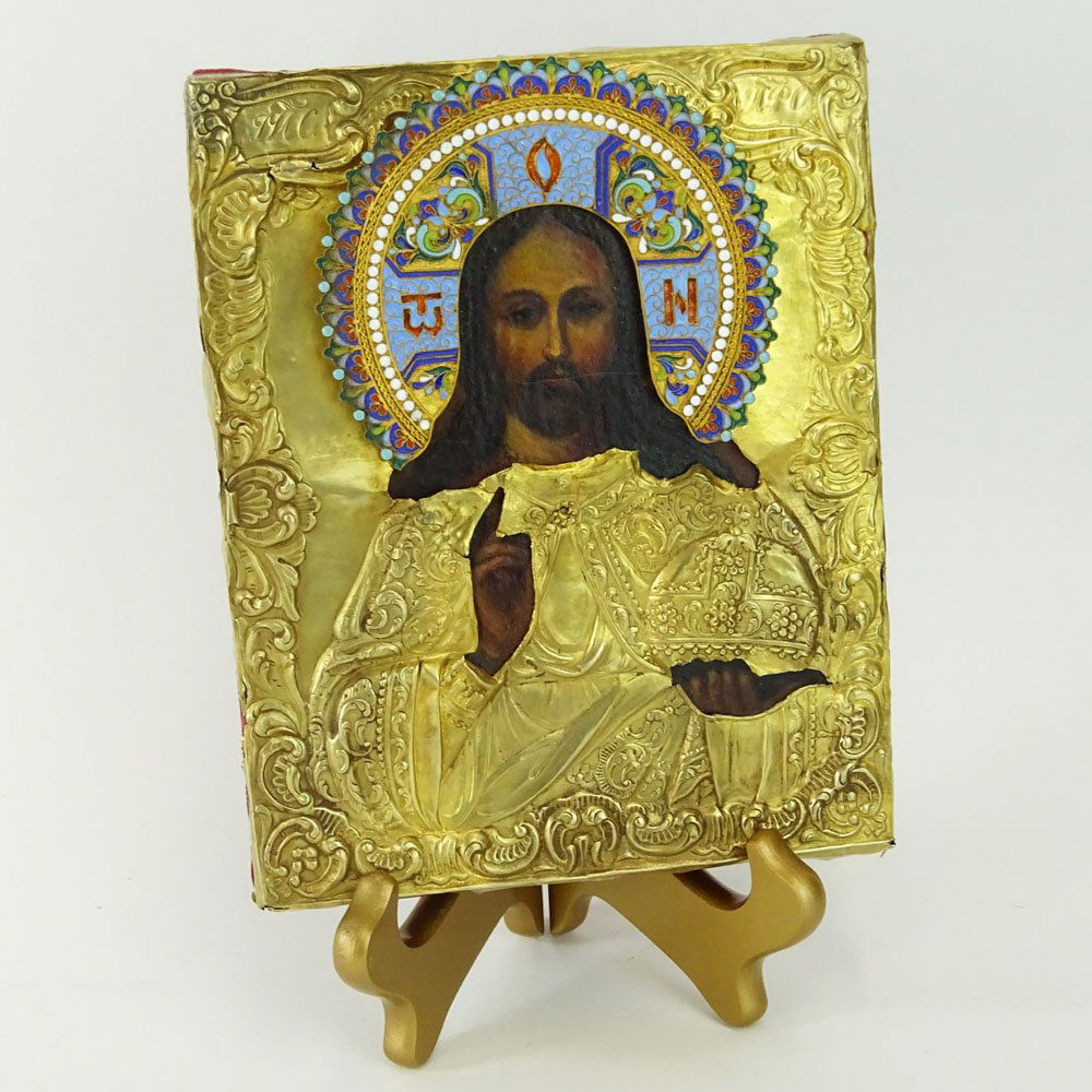 19th C Russian Enameled Gilt Silver Hand Painted Icon. (1 of 4)