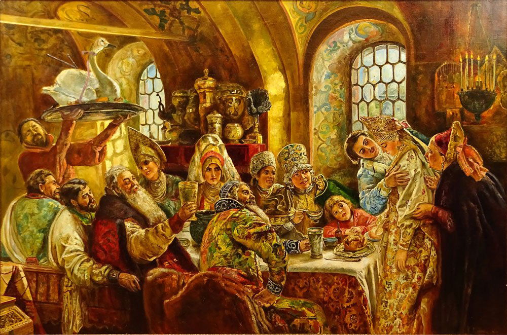 after: Konstantin Egorovich Makovsky, Russian: after: Konstantin Egorovich Makovsky, Russian (1839-1915) Oil on Canvas, The Wedding. Bears signature lower right. Measures 48-1/4" H, 72-3/4" W; frame measures 56-1/2" H, 81" W. Shipping: Third party