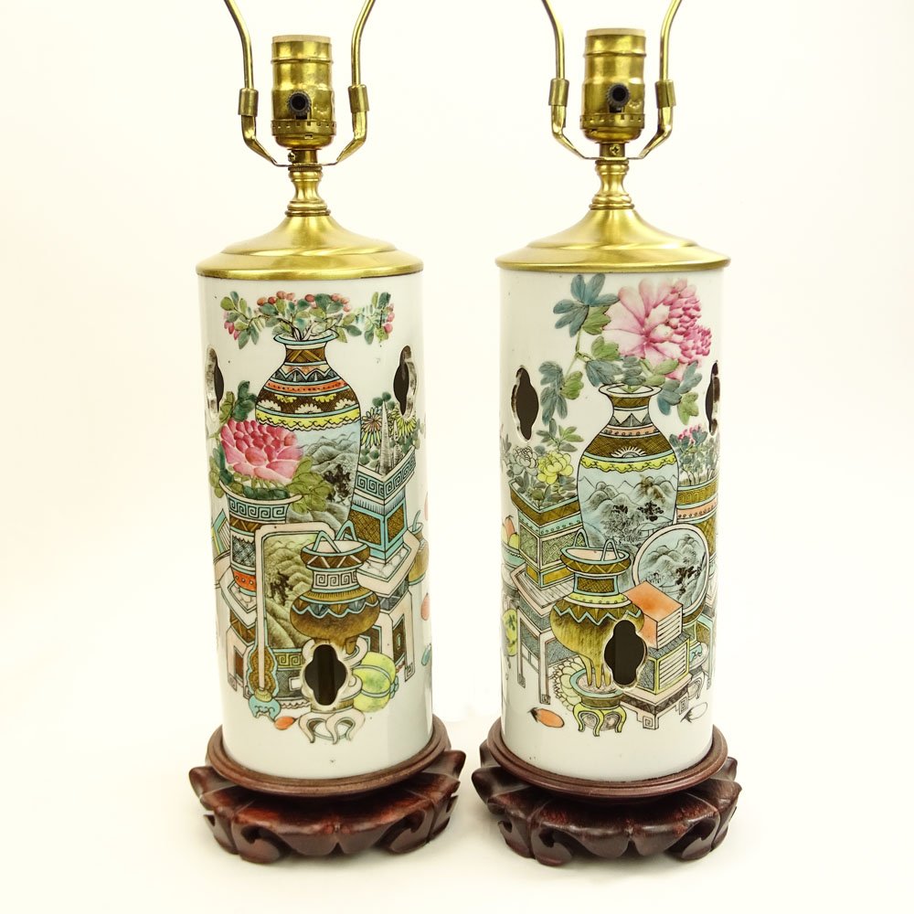 Pair of 19/20th C. Chinese Porcelain Hat Stands Lamps. (1 of 4)