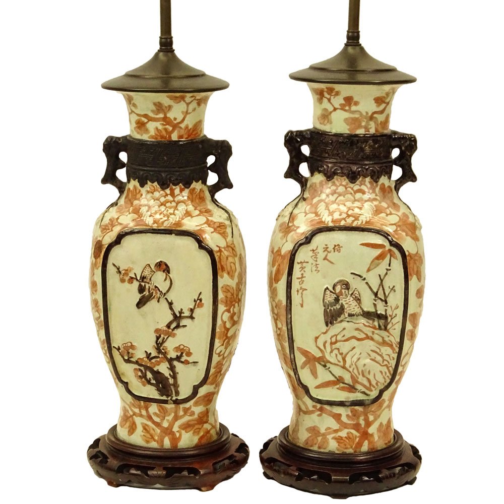 Pair of Chinese Pottery Urn Lamps on Hardwood Bases. (1 of 6)