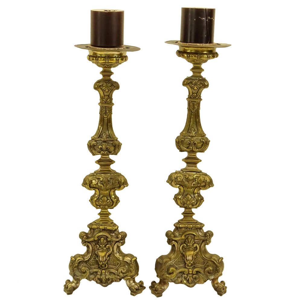Pair of Large Brass Candle Holders. Unsigned. Good (1 of 3)