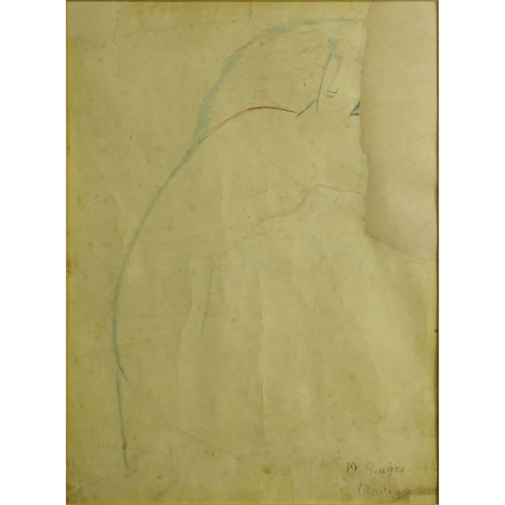 Amedeo Modigliani, Italian (1884-1920) Color Pencil,: Amedeo Modigliani, Italian (1884-1920) Color Pencil, Portrait of Female Nude. Signed lower right. Paper losses, creasing, toning and stains. Measures 21.8" H, 16.3" W; frame measures 30-3/4" H, 25-3/8
