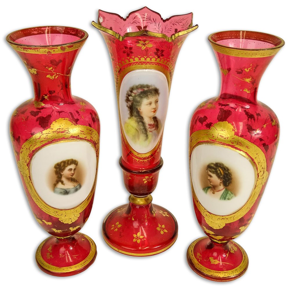 Three (3) Bohemian Cranberry Glass Portrait Vases. (1 of 5)