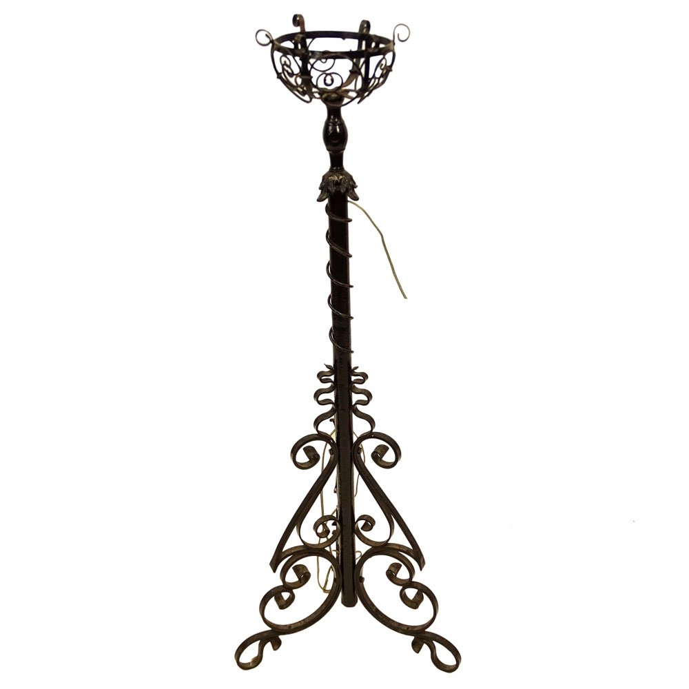 Antique Wrought Iron Torchiere, Now Wired. Unsigned.: Antique Wrought Iron Torchiere, Now Wired. Unsigned. Good condition. Measures 49" H. Provenance: Collection of Robert Eigelberger, Casa Phippsberger, a prominent Palm Beach, Florida estate. Shipping: