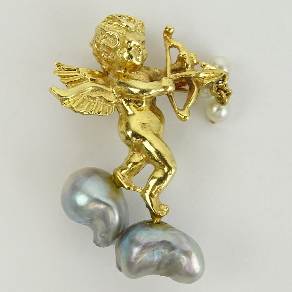 Vintage 14 Karat Yellow Gold and Pearl Cherub Pendant (1 of 2)