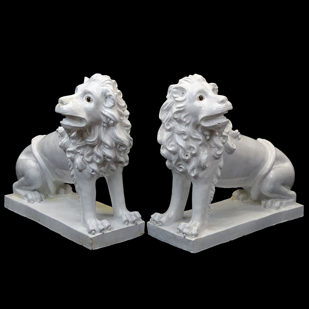 Pair of Large Vintage French White Glazed Faience Lions (1 of 7)