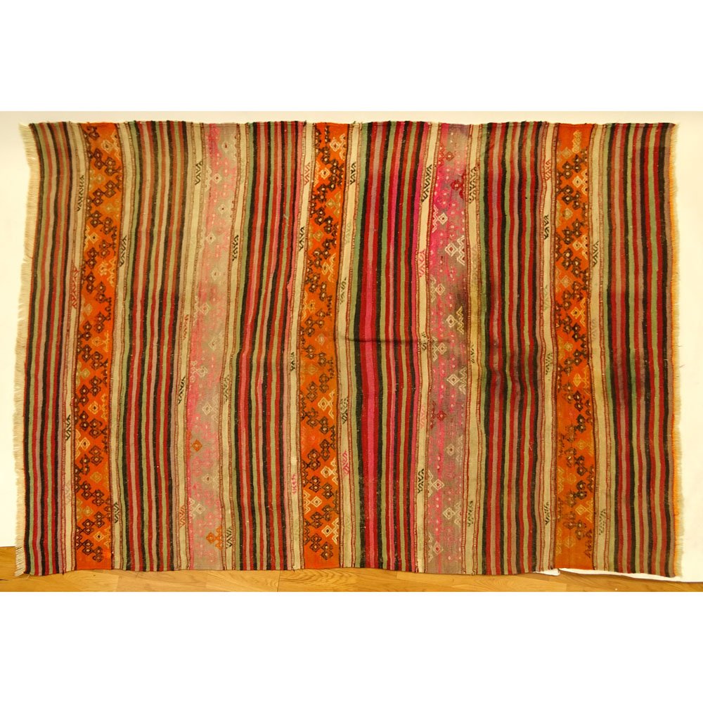 Vintage Moroccan Kilim Rug. Unsigned. Faded, wear,: Vintage Moroccan Kilim Rug. Unsigned. Faded, wear, stains. Measures 96" x 66". Provenance: Collection of Robert Eigelberger, Casa Phippsberger, a prominent Palm Beach, Florida estate. Shipping $75.00