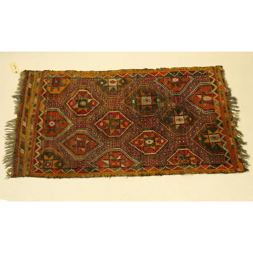 Vintage Moroccan Kilim Rug. Unsigned. Faded, wear,: Vintage Moroccan Kilim Rug. Unsigned. Faded, wear, stains. Measures 60" x 105". Provenance: Collection of Robert Eigelberger, Casa Phippsberger, a prominent Palm Beach, Florida estate. Shipping $75.00