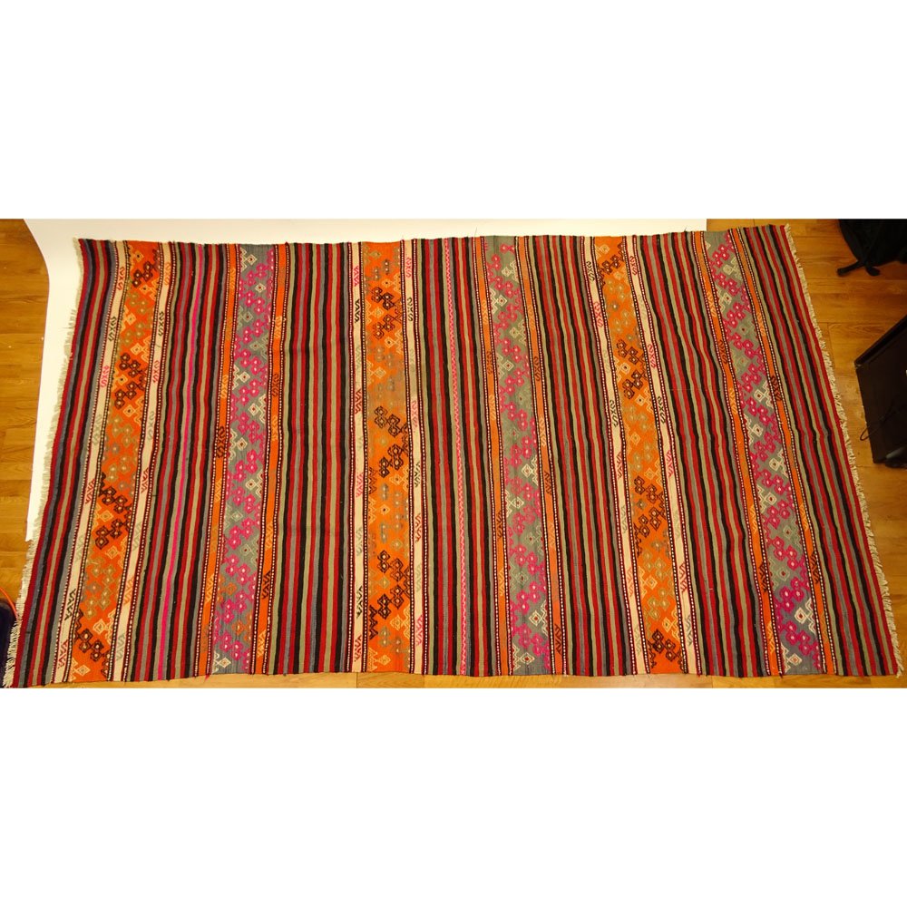 Vintage Moroccan Kilim Rug. Unsigned. Faded, wear,: Vintage Moroccan Kilim Rug. Unsigned. Faded, wear, stains. Measures 119" x 67". Provenance: Collection of Robert Eigelberger, Casa Phippsberger, a prominent Palm Beach, Florida estate. Shipping $75.00