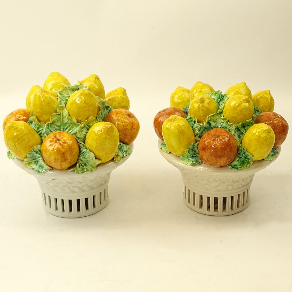 Pair of Vintage Italian Majolica Fruit Topiary. Signed: Pair of Vintage Italian Majolica Fruit Topiary. Signed Made In Italy. Minor losses or in good condition. Measures 10" H x 12" W. Provenance: Collection of Robert Eigelberger, Casa Phippsberger, a prom