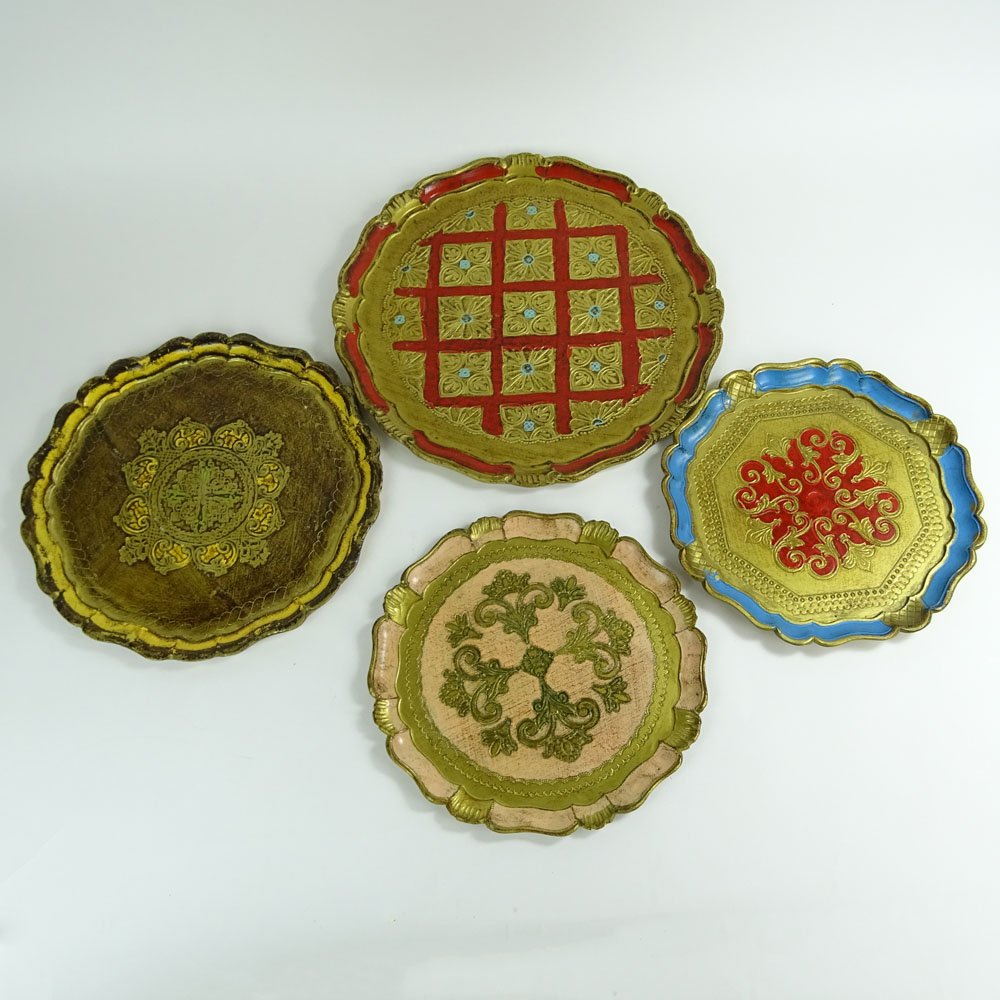 Group of Four (4) Vintage Italian Florentine Hand: Group of Four (4) Vintage Italian Florentine Hand Painted Carved Wood Trays. Various sizes. Unsigned. Light wear or good condition. Largest measures 15-1/4" dia. Provenance: Collection of Robert Eigel
