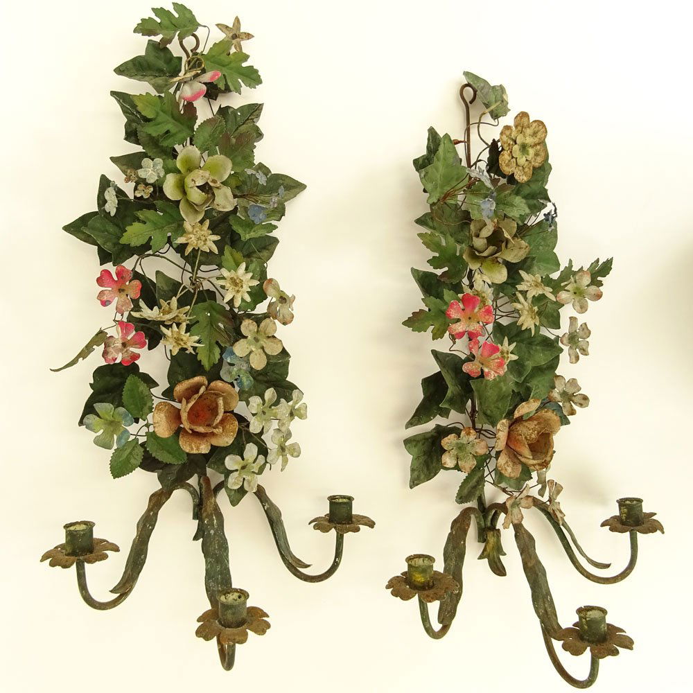 Pair of Vintage Italian Painted Toleware Floral (1 of 3)