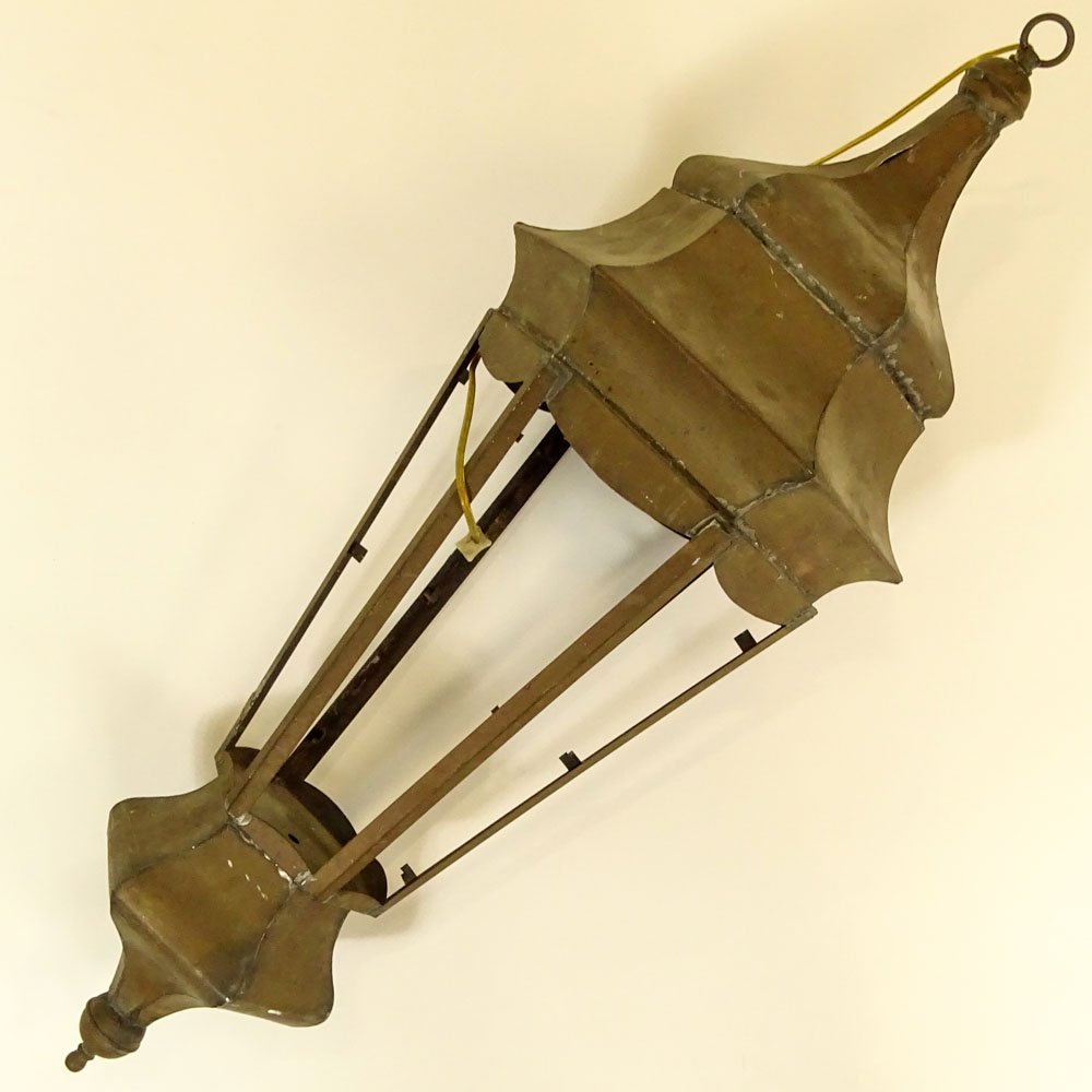 Antique Copper Hanging Lantern, Electrified. Unsigned. (1 of 2)