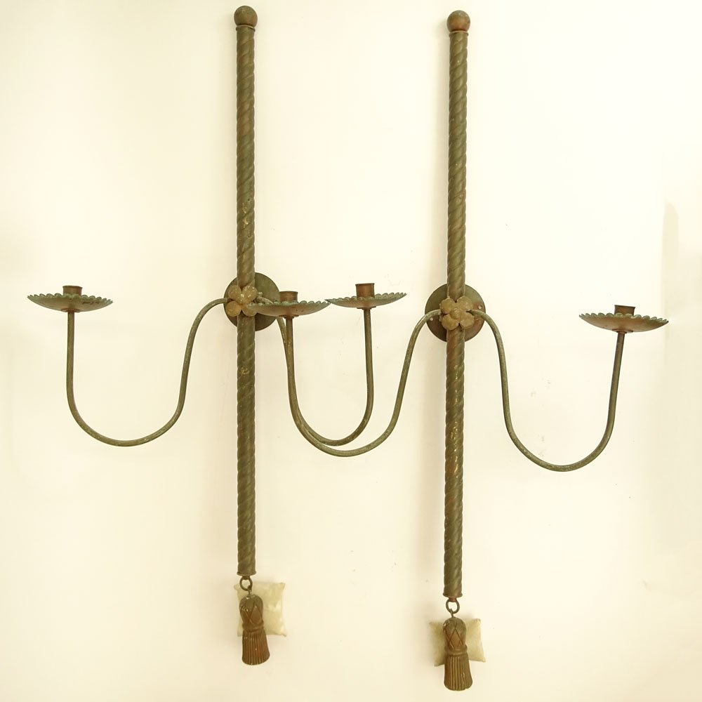 Pair Early 20th Century Painted Metal Two Light Sconces (1 of 3)