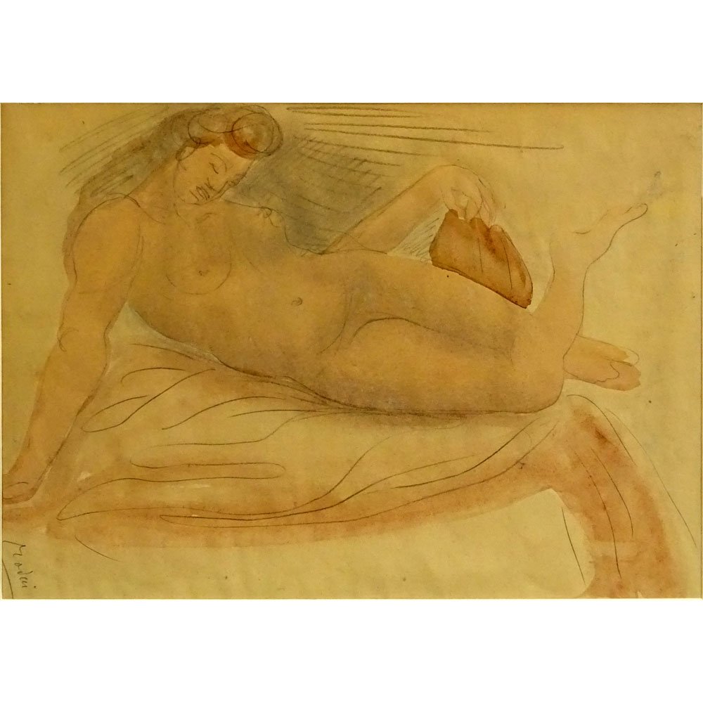 Attributed to: Auguste Rodin (1840-1917) Watercolor and: Attributed to: Auguste Rodin (1840-1917) Watercolor and pencil "Reclining Nude" Signed lower left. Toning from age or good condition. Measures 11" x 15-3/4", frame 14" x 18-1/4". Shipping $75.00