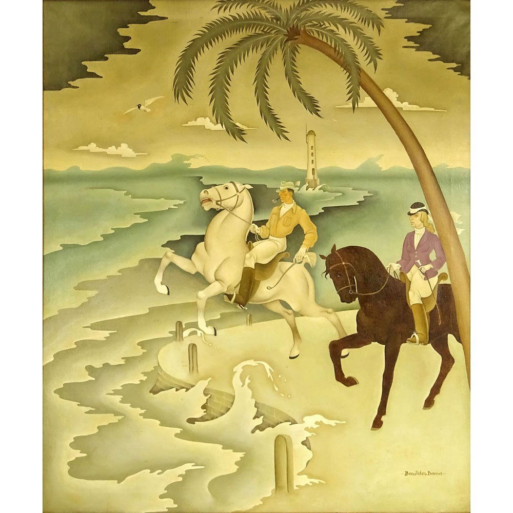 Barna Basilides, Hungarian (1903-1967) Oil on Canvas,: Barna Basilides, Hungarian (1903-1967) Oil on Canvas, Horse Riders in Tropical Landscape. Signed lower right. Good condition, surface a bit dirty. Measures 36" H, 30" W; frame measures 42" H, 36" W. S