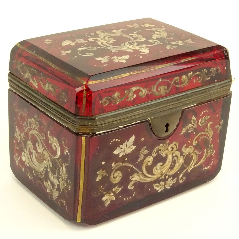 Antique Enameled Ruby Glass Sugar Casket. Mounted in (1 of 6)