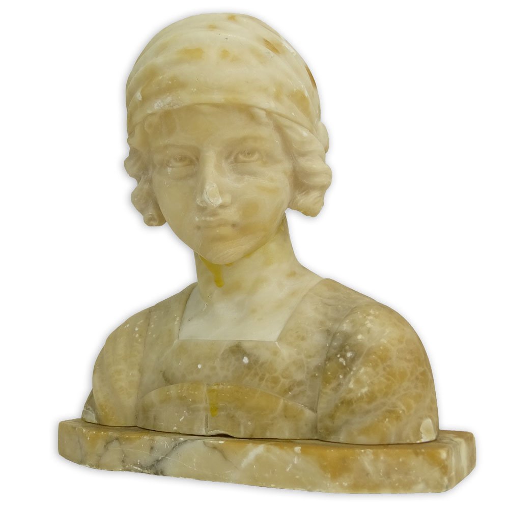 Early 20th Century Probably Italian Carved Alabaster: Early 20th Century Probably Italian Carved Alabaster Sculpture, Bust of a Girl. Unsigned. As Is condition, losses, old repairs. Please examine carefully before bidding. Measures 9-1/2" H, 9" W. Shippi