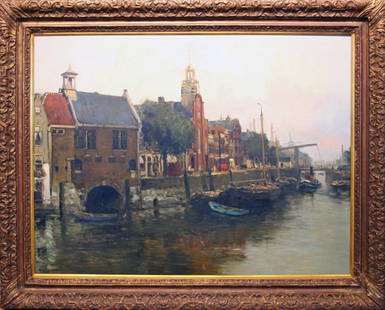 Willem George Frederik Jansen Dutch (1871-1949) Oi: Willem George Frederik Jansen Dutch (1871-1949) Oil on Canvas "View of an Amersterdam Canal" Signed WGF Jansen Lower Left. Very Good Condition, Was Professionally Conserved, Relined and Waxed About 25