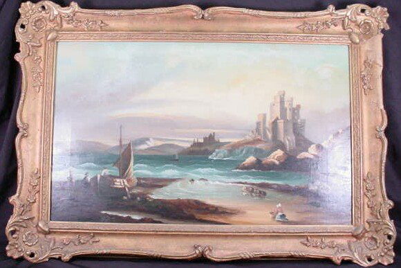 Signed Oil on Canvas "Rocky Beach with Figures and: Signed Oil on Canvas "Rocky Beach with Figures and Castle" Signed R. Teare Lower Right and Dated June, 1868. Canvas Has Been Relined. Measures 17 Inches by 26-3/4 Inches, Frame Measures 22 Inches by 3