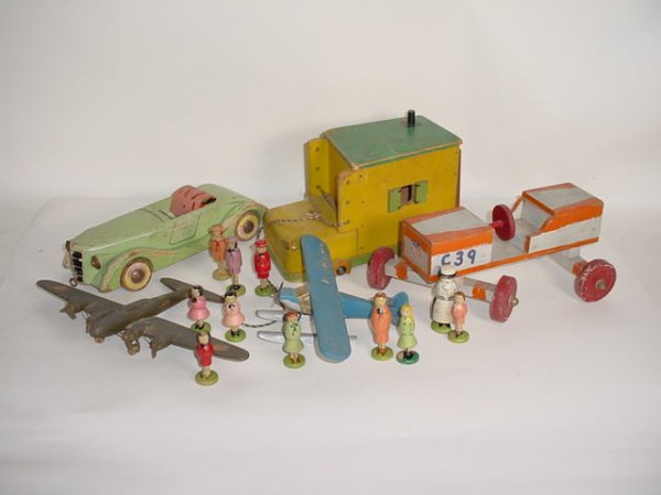 Five (5) Misc. Vintage Hand Made Scale Models. One: Five (5) Misc. Vintage Hand Made Scale Models. One (1) of "The Old Woman who Lived in a Shoe" on Wheels with Ten (10) Figures of Children, etc. One (1) Hot Rod, One (1) Car, and Two (2) Plane Models.