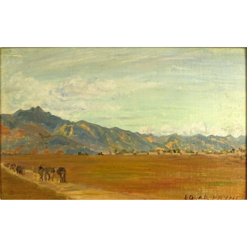 Attributed to: Edgar Alwin Payne, American (1883 -: Attributed to: Edgar Alwin Payne, American (1883 - 1947) Oil on canvas board "Western Landscape" Signed lower right. Good condition. Measures 11-1/4" x 17-1/2", frame 15-1/2" x 21-3/4". Shipping $58.0