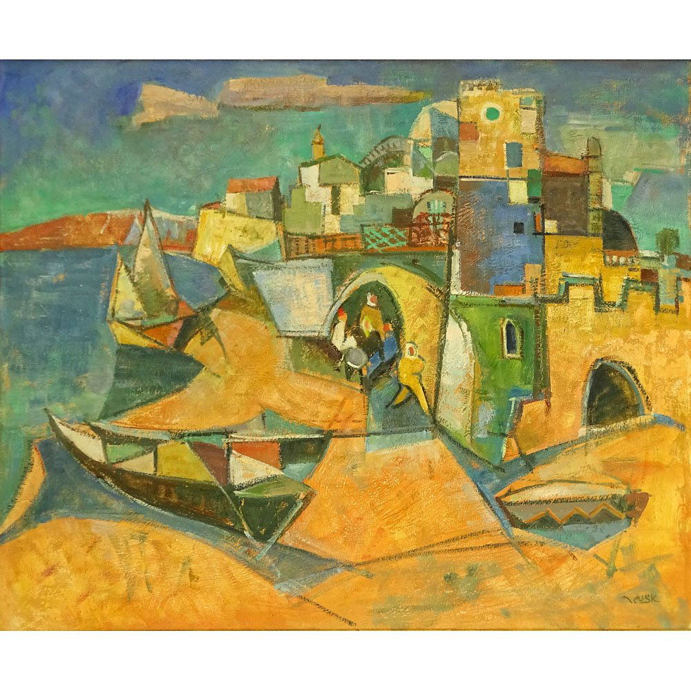 Modern Israeli Oil on Canvas "Port City" Signed lower (1 of 5)