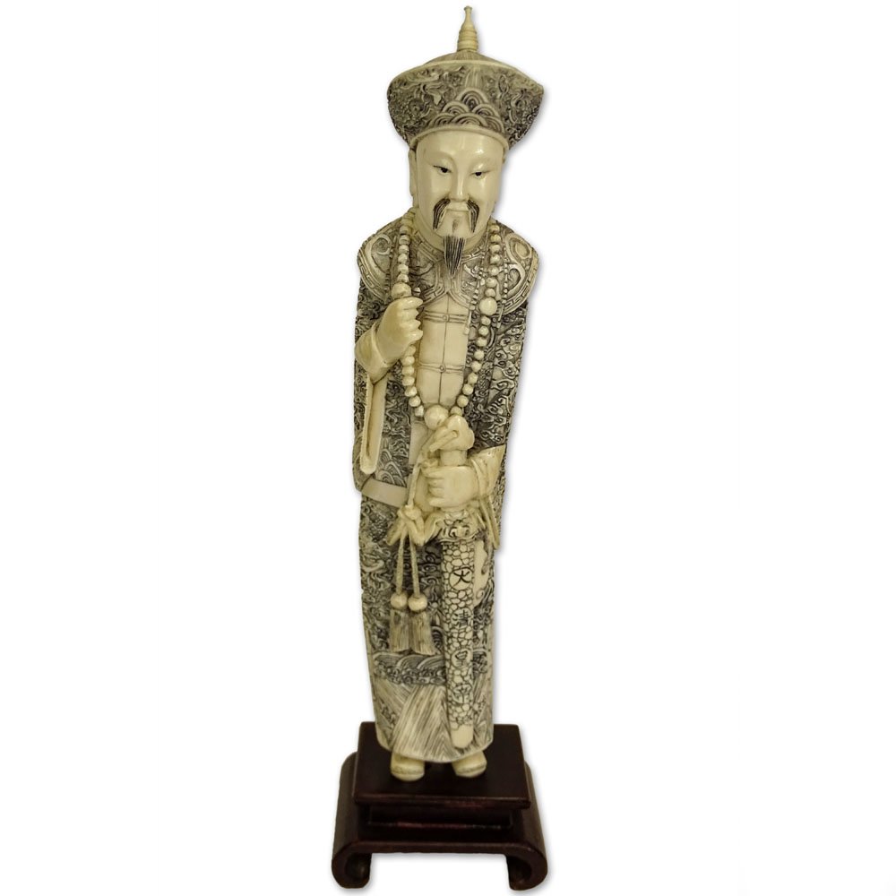 Antique Chinese Carved Ivory Emperor Figure with Wood (1 of 5)