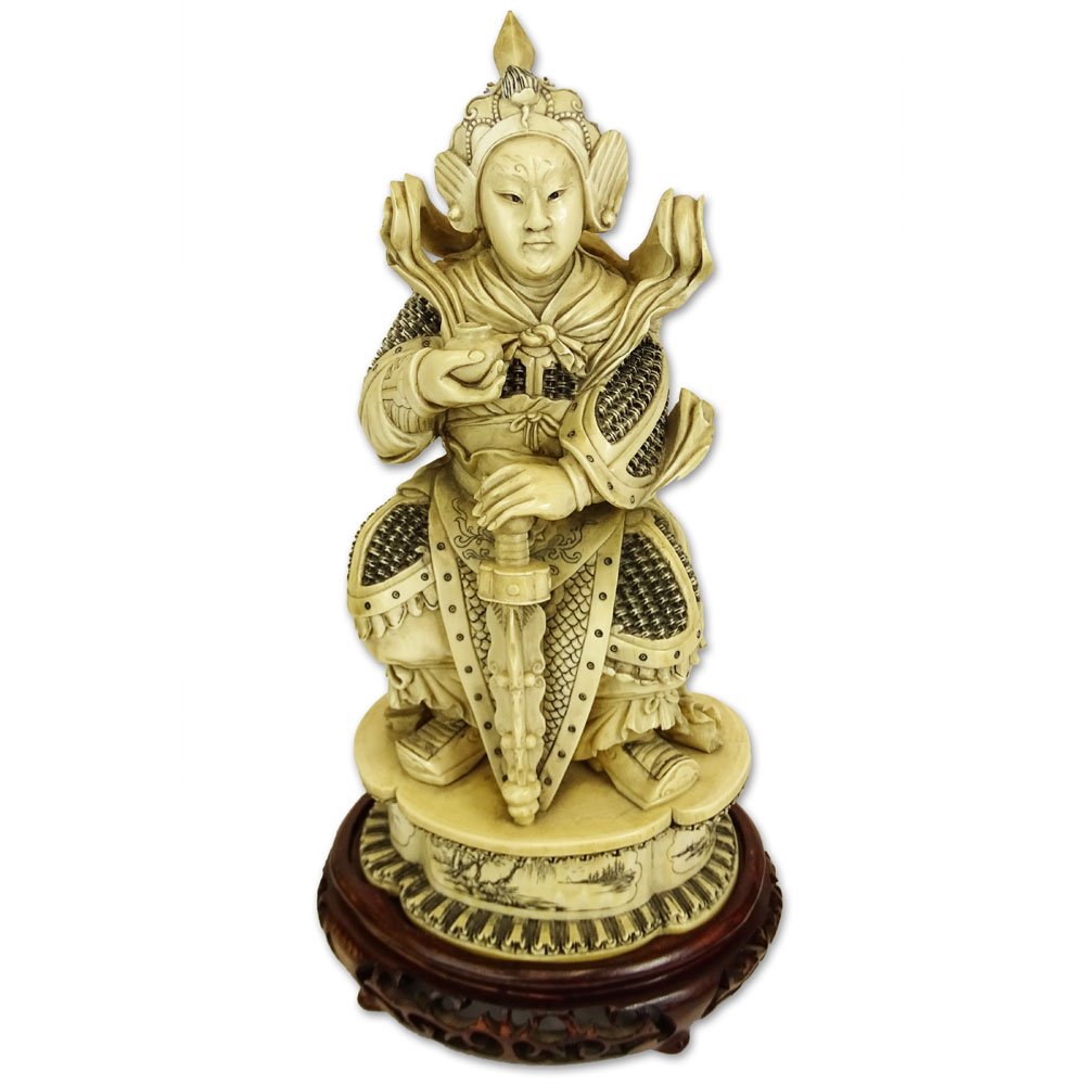 Heavy Chinese Carved Ivory Seated Warrior Figure on (1 of 6)