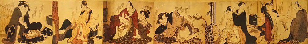 Antique Japanese Erotic Shunga Woodblock on Fabric Laid: Antique Japanese Erotic Shunga Woodblock on Fabric Laid on Heavy Paper Scroll. Characters to Interior Scroll Otherwise Unsigned. Handling Wear, Stains, Otherwise Good Condition. Measures 10 Inches Wid