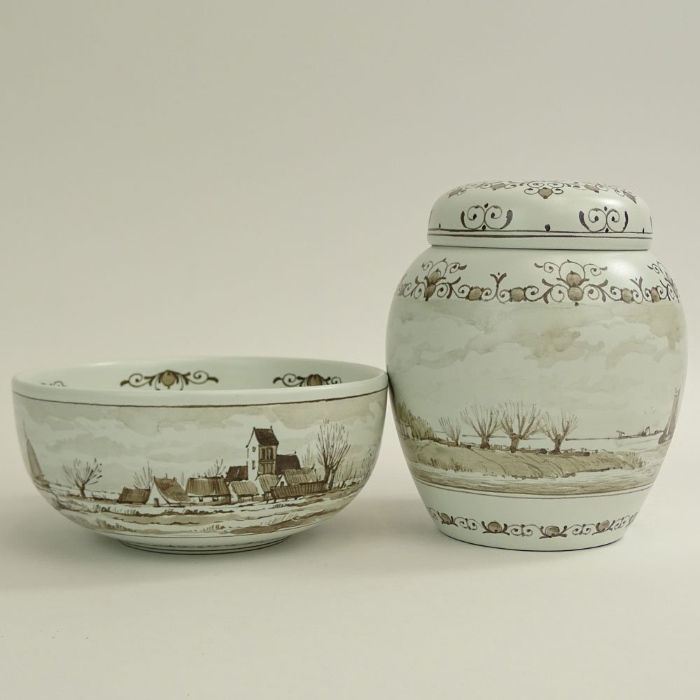 A Hand Painted Delft Ginger Jar and Bowl. Signed. Good (1 of 6)