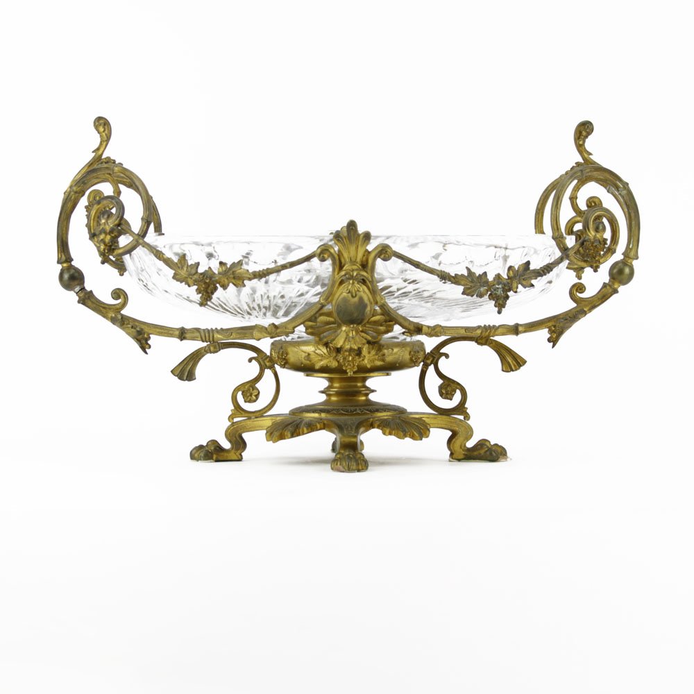 Victorian Bronze and Crystal Centerpiece Bowl.: Victorian Bronze and Crystal Centerpiece Bowl. Unsigned. Good condition. Measures 11-1/2" H x 19-1/4" L. Shipping: Third party (estimate $150-$250)