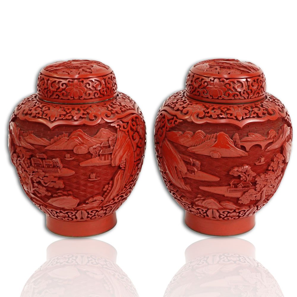 Pair Chinese Nicely Carved Cinnabar and Enameled Ginger (1 of 3)