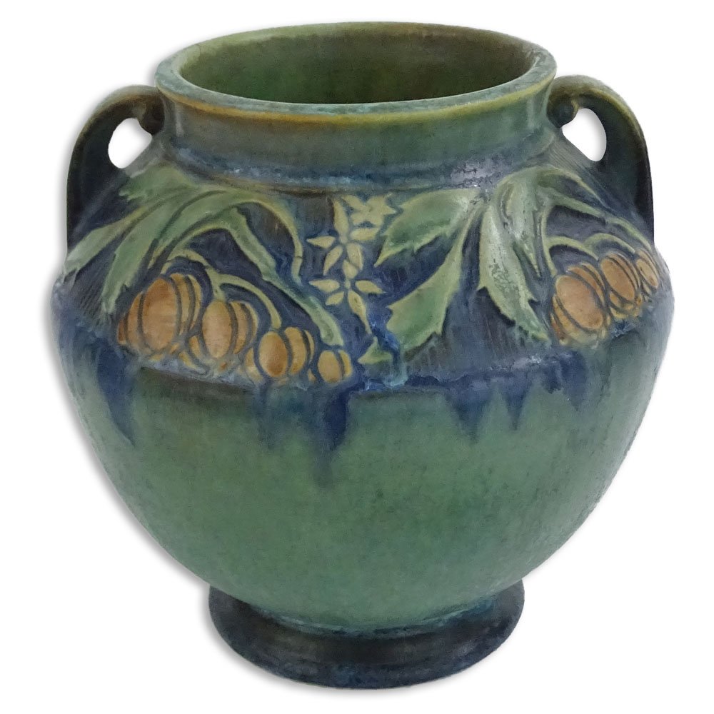 Roseville Green Baneda Pottery Vase. Signed with R. No (1 of 4)