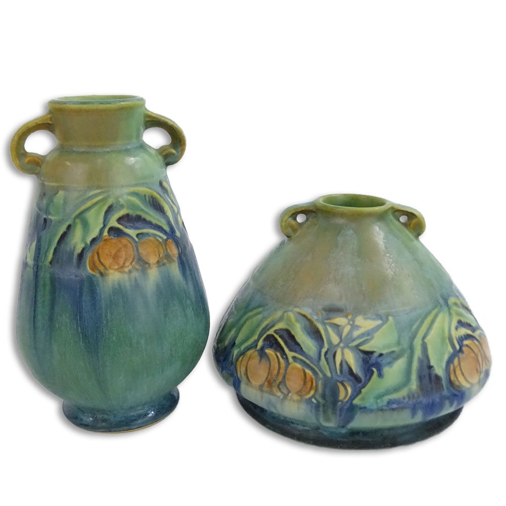 Lot of Two (2) Roseville Green Baneda Pottery Vases. (1 of 5)