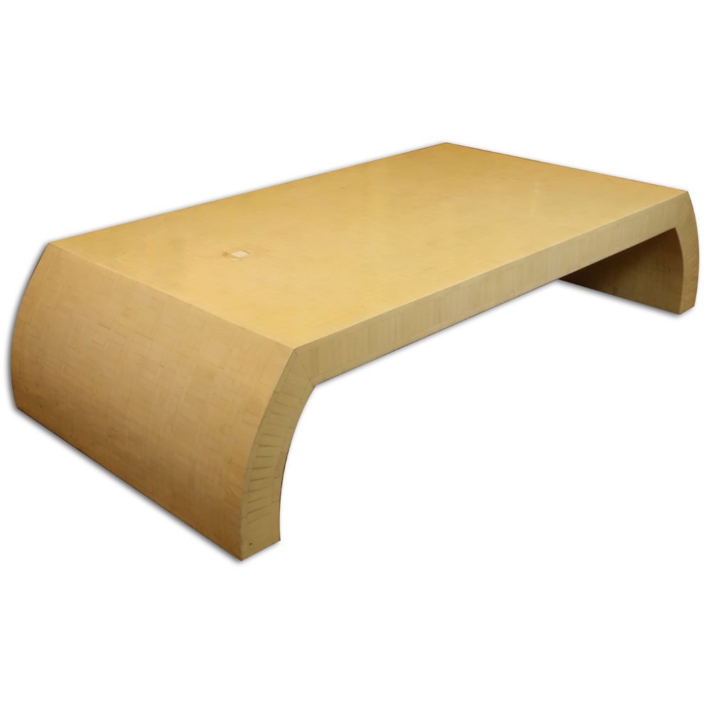 Large Mid Century Modern Karl Springer Style Bone: Large Mid Century Modern Karl Springer Style Bone Inlaid Coffee Table. Unsigned. Losses to top. Measures 16" H x 74" L x 36" W. Shipping: Third party. (estimate $4000-$6000)