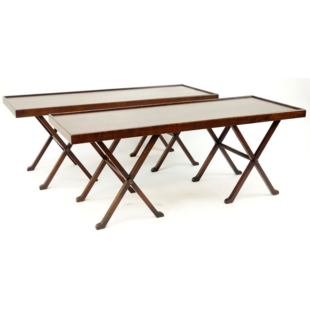 Pair of Vintage Mahogany Tea Tables. Unsigned. Good: Pair of Vintage Mahogany Tea Tables. Unsigned. Good condition. Each measures 19" H x 48" L x 18" D. Shipping: Third party. (estimate $250-$350)