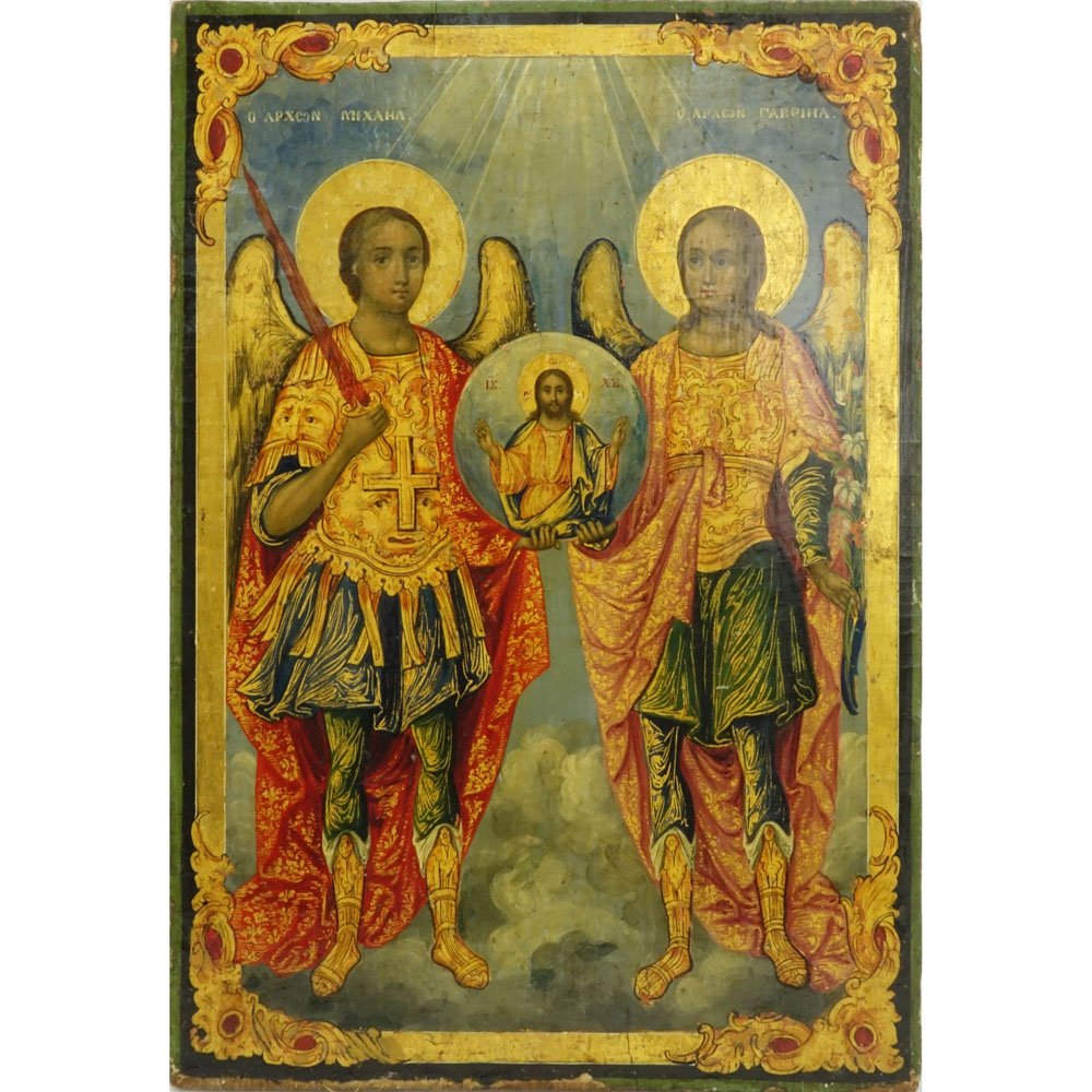 Antique Hand Painted Russian Icon. Canvas laid on (1 of 4)